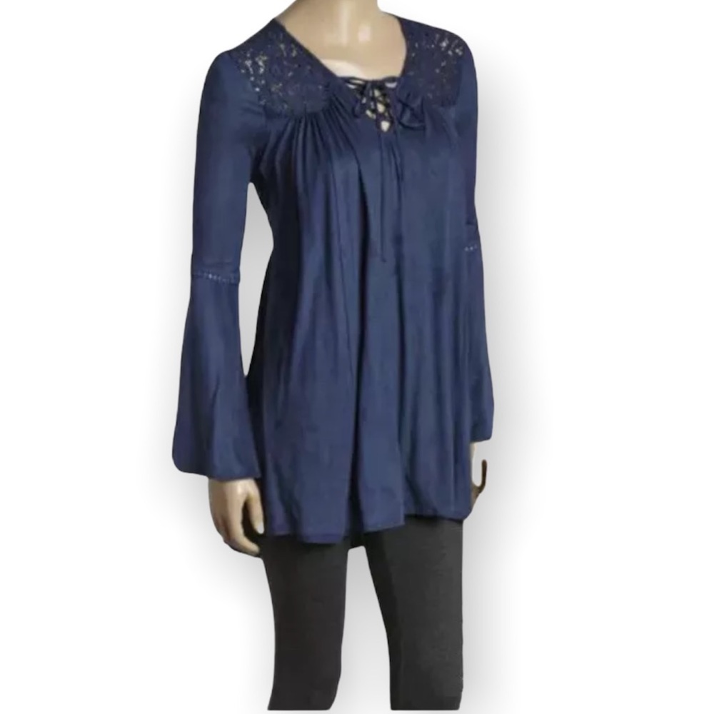 Joyce Womens Bell Sleeve Boho Tunic Top Lace Back